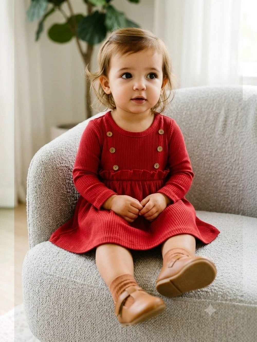 NWT Baby Girl Red Ribbed Knit Long Sleeve Dress Button Detail Sz 9-12M Holiday
